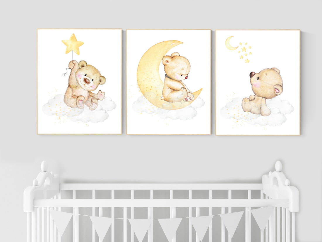 Nursery decor bear, gender neutral nursery wall art, yellow nursery, bear nursery print, teddy bear decor, nursery wall art animals, yellow