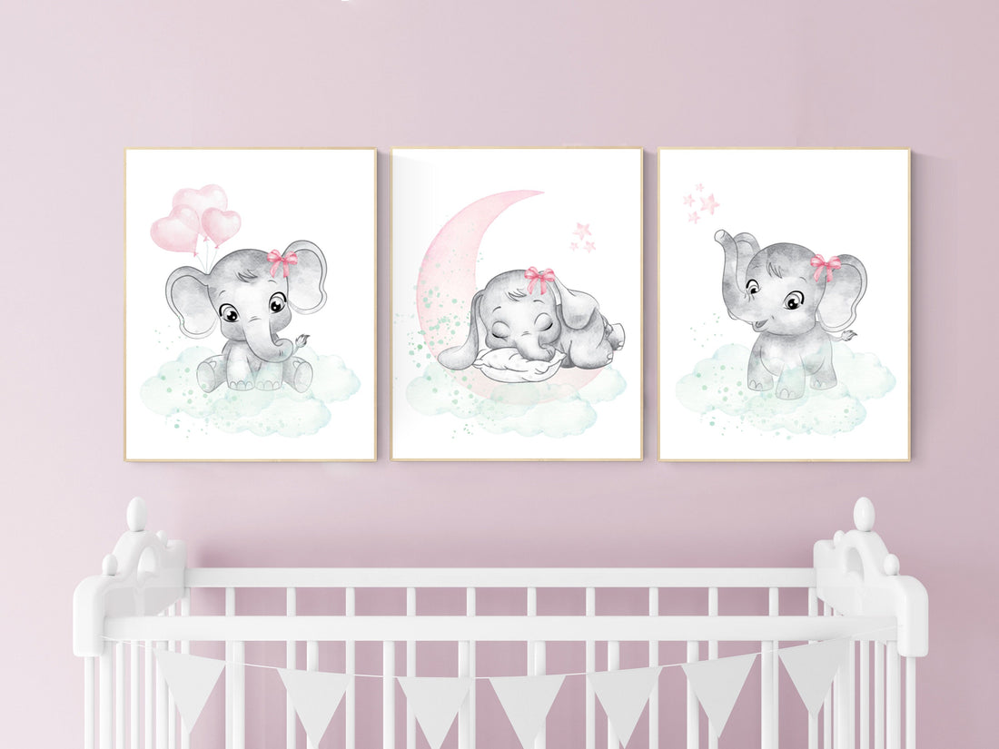 Nursery decor girl pink mint, elephant nursery wall art, pink and mint, moon, stars, nursery prints, baby room decor, girl nursery wall art