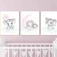 Nursery decor girl pink mint, elephant nursery wall art, pink and mint, moon, stars, nursery prints, baby room decor, girl nursery wall art