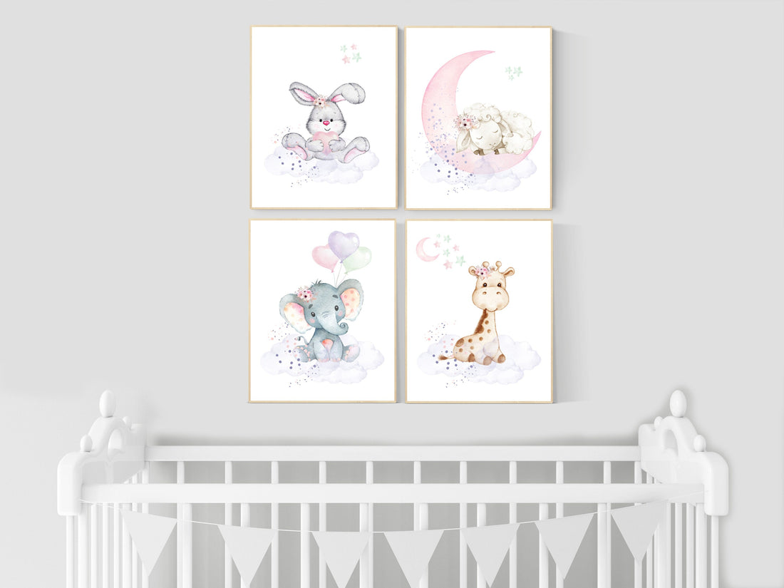 Nursery wall art girl elephant, giraffe, sheep, bunny, pink, mint, purple, cloud and stars, baby room art, girl nursery prints
