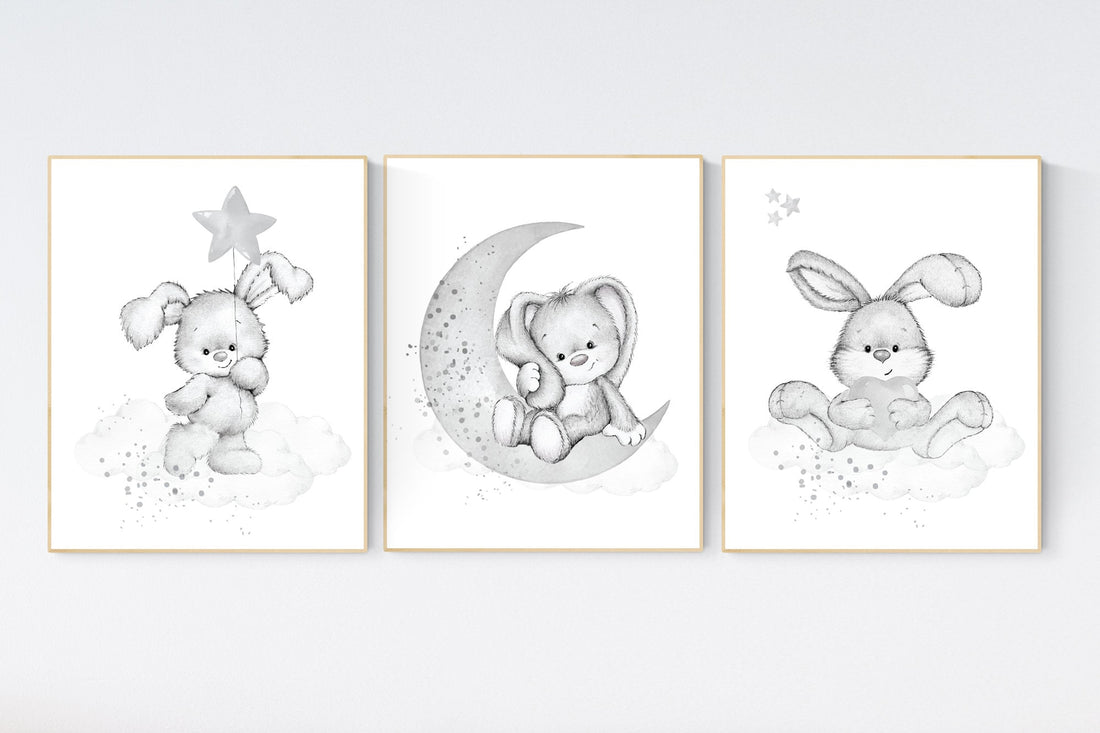 Nursery wall art grey, gray nursery, bunny, nursery decor neutral, baby room decor gender neutral, moon and stars, grey nursery decor