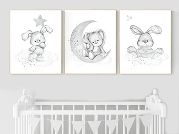 Nursery wall art grey, gray nursery, bunny, nursery decor neutral, baby room decor gender neutral, moon and stars, grey nursery decor