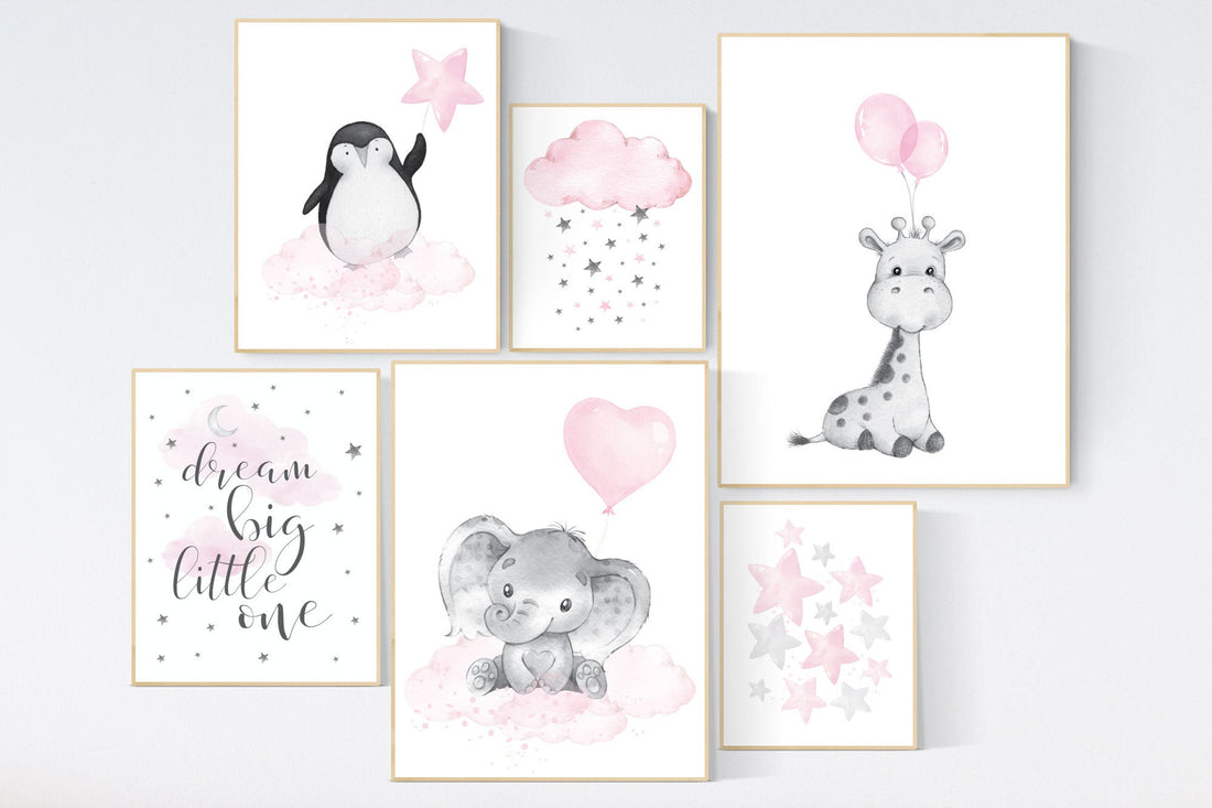 Nursery wall art girl animals, pink grey, nursery decor girl pink, penguin, elephant, bear, moon and stars, baby room decor girl, pink gray