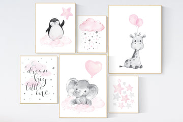 Nursery wall art girl animals, pink grey, nursery decor girl pink, penguin, elephant, bear, moon and stars, baby room decor girl, pink gray