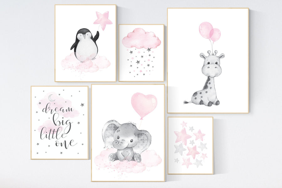 Nursery wall art girl animals, pink grey, nursery decor girl pink, penguin, elephant, bear, moon and stars, baby room decor girl, pink gray