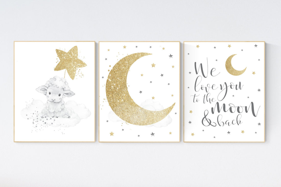 Nursery wall art grey, gray gold nursery, nursery decor neutral, sheep, lamb, baby room decor gender neutral, moon and stars, grey gold