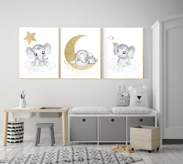 Nursery wall art grey, gray gold nursery, elephant nursery, nursery decor neutral, baby room decor gender neutral, moon and stars, grey gold