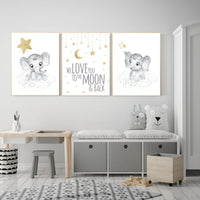 Gender neutral nursery wall decor, grey gold nursery, gray gold, elephant nursery, we love you to the moon and back, moon and stars