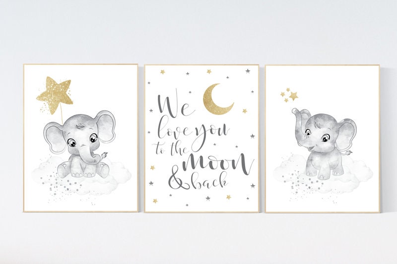 Nursery wall art grey, gray gold nursery, elephant nursery, nursery decor neutral, baby room decor gender neutral, moon and stars, grey gold