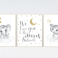 Nursery wall art grey, gray gold nursery, elephant nursery, nursery decor neutral, baby room decor gender neutral, moon and stars, grey gold