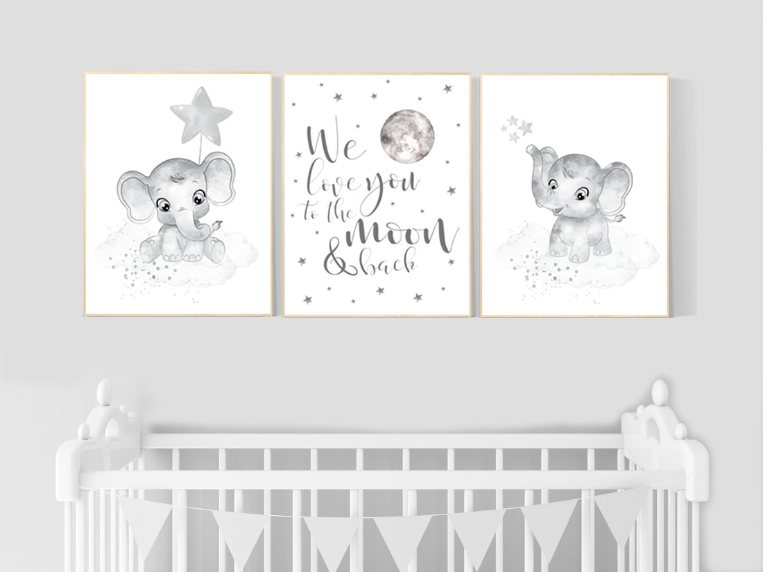 Nursery wall art grey, gray nursery, elephant, nursery decor neutral, baby room decor gender neutral, moon and stars, grey nursery decor