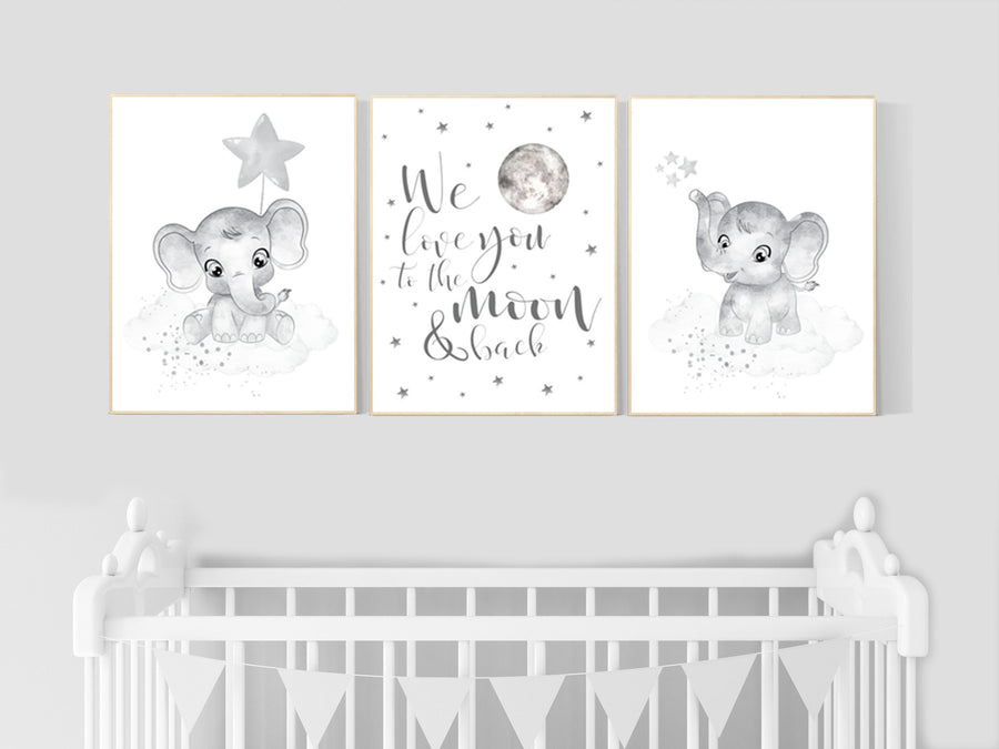 Nursery wall art grey, gray nursery, elephant, nursery decor neutral, baby room decor gender neutral, moon and stars, grey nursery decor
