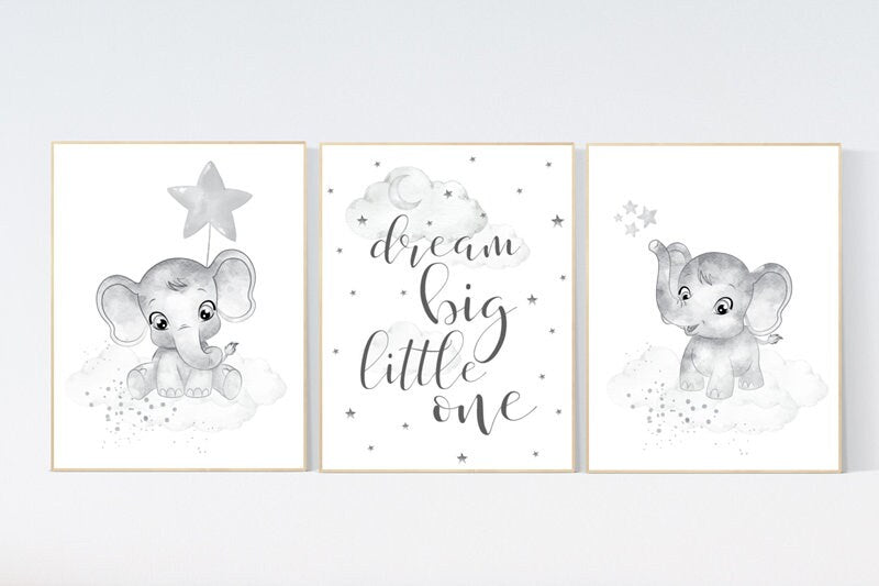 Nursery wall art grey, gray nursery, elephant, nursery decor neutral, baby room decor gender neutral, moon and stars, grey nursery decor