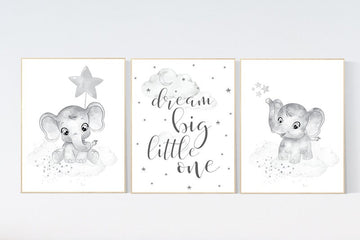Nursery wall art grey, gray nursery, elephant, nursery decor neutral, baby room decor gender neutral, moon and stars, grey nursery decor