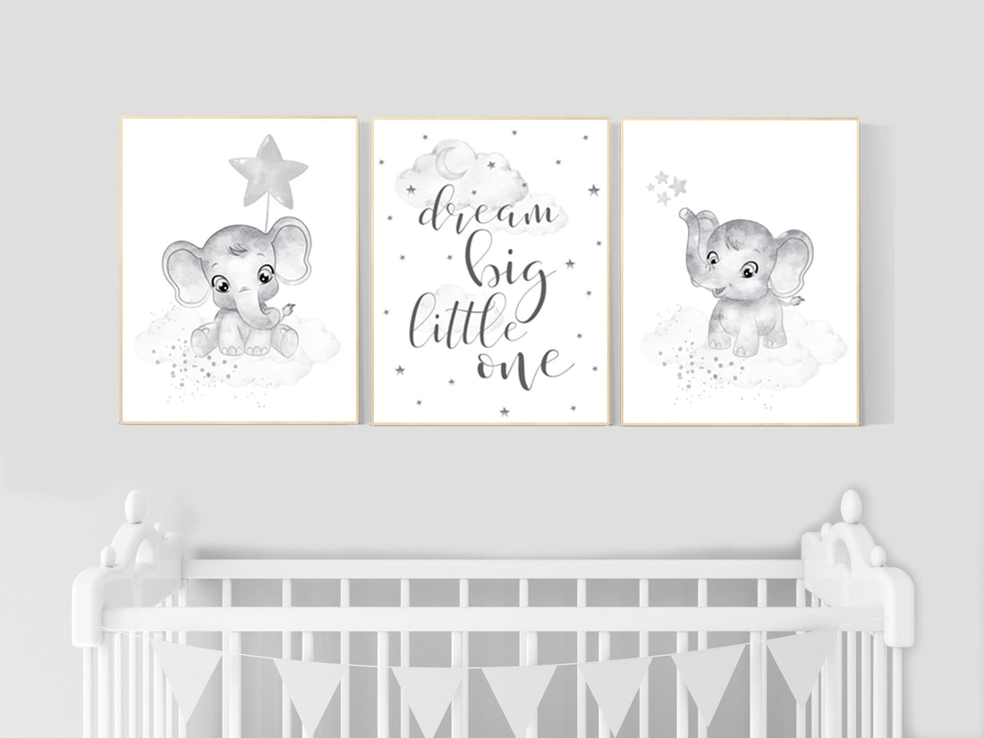 Nursery wall art grey, gray nursery, elephant, nursery decor neutral, baby room decor gender neutral, moon and stars, grey nursery decor