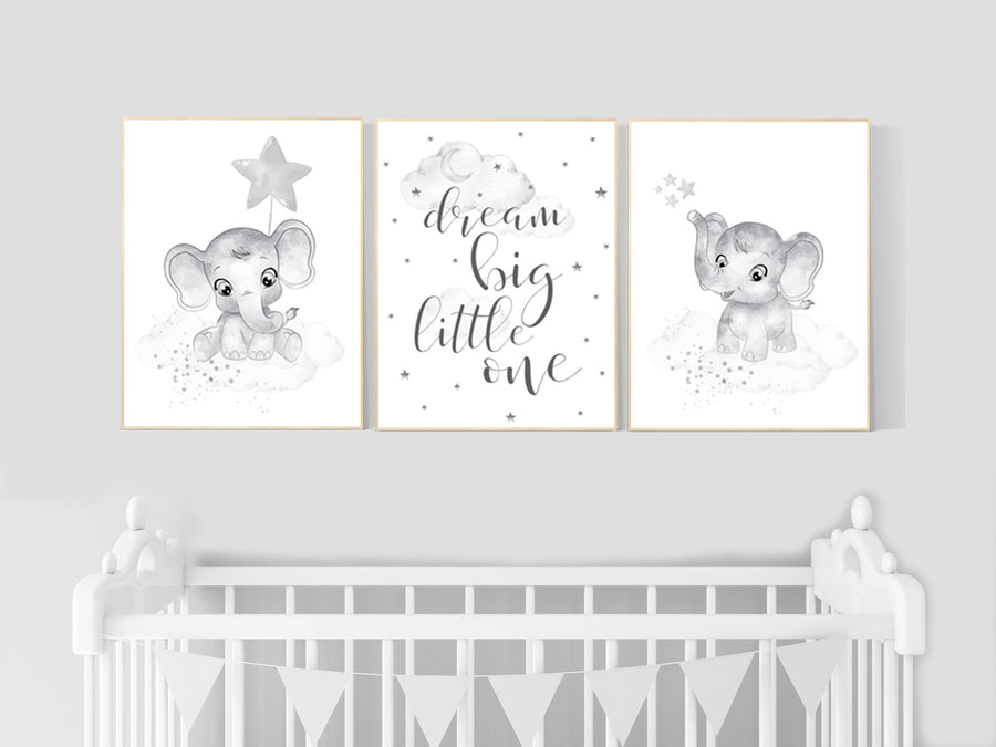 Nursery wall art grey, gray nursery, elephant, nursery decor neutral, baby room decor gender neutral, moon and stars, grey nursery decor