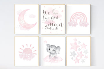 Nursery decor girl pink and gray, pink grey nursery, moon and star, girl nursery wall art, nursery prints gir, elephant nursery wall decor
