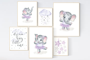Ballerina elephant, baby room decor girl lavender,, Elephant nursery art, nursery prints girl, nursery print, purple, lilac, ballet theme