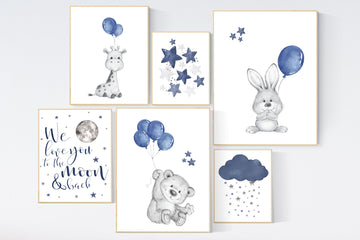 Nursery decor boy animals, navy nursery, bunny, bear, giraffe, nursery wall art boy, navy blue, moon, cloud and stars, balloon, animals