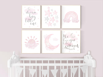 Nursery decor girl pink and gray, pink grey nursery, moon and star, girl nursery wall art, nursery prints girl, rainbow nursery wall decor