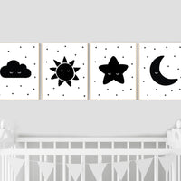 Nursery wall art black and white, gender neutral, baby room decor, sun, cloud, moon and stars, black white, nursery wall decor, twin nursery