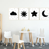 Nursery wall art black and white, gender neutral, baby room decor, sun, cloud, moon and stars, black white, nursery wall decor, twin nursery