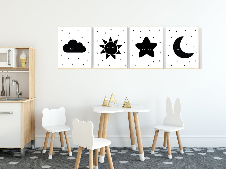 Nursery wall art black and white, gender neutral, baby room decor, sun, cloud, moon and stars, black white, nursery wall decor, twin nursery