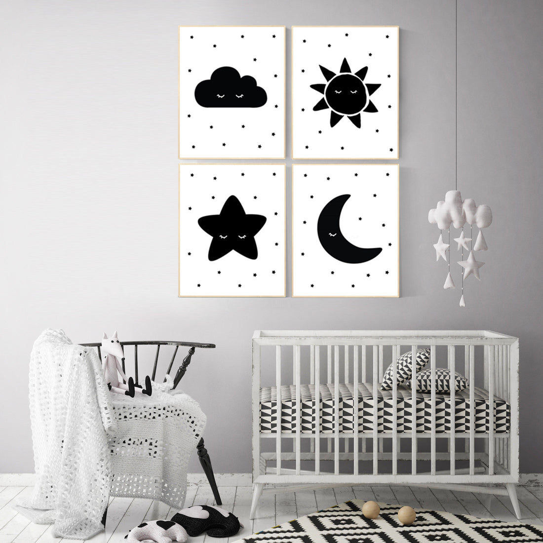 Nursery wall art black and white, gender neutral, baby room decor, sun, cloud, moon and stars, black white, nursery wall decor, twin nursery