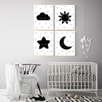 Nursery wall art black and white, gender neutral, baby room decor, sun, cloud, moon and stars, black white, nursery wall decor, twin nursery