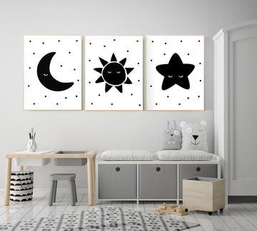 Nursery wall art black and white, gender neutral, baby room decor, sun, moon and stars, black white, nursery wall decor, twin nursery decor