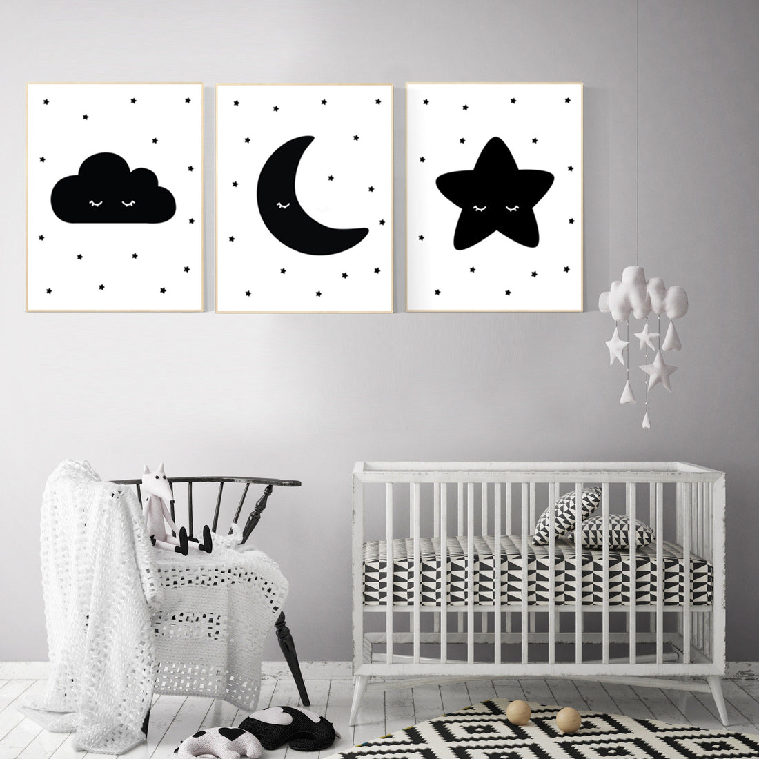 Nursery wall art black, nursery decor gender neutral, baby room decor, cloud, moon and stars, black and white nursery wall decor, twins