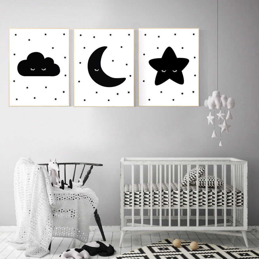 Nursery wall art black, nursery decor gender neutral, baby room decor, cloud, moon and stars, black and white nursery wall decor, twins