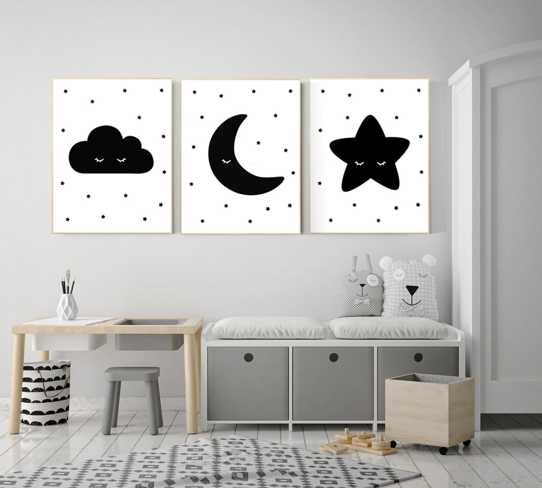 Nursery wall art black, nursery decor gender neutral, baby room decor, cloud, moon and stars, black and white nursery wall decor, twins