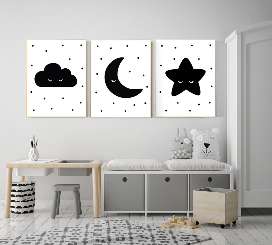 Nursery wall art black, nursery decor gender neutral, baby room decor, cloud, moon and stars, black and white nursery wall decor, twins
