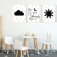 Black white nursery, gender neutral, Moon Cloud Stars sun, Cloud and Star Nursery, black and white nursery, we love you to the moon and back