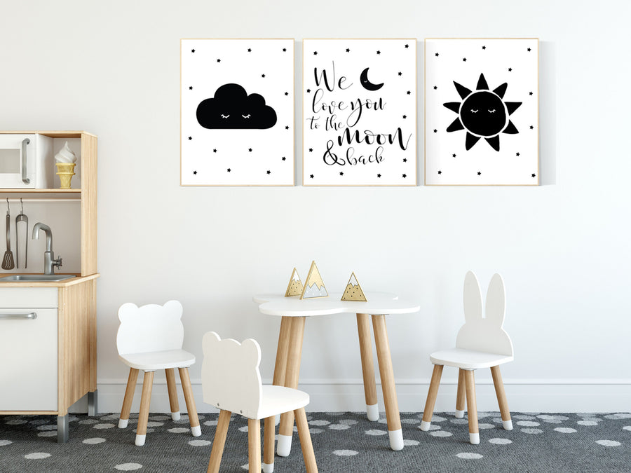 Black white nursery, gender neutral, Moon Cloud Stars sun, Cloud and Star Nursery, black and white nursery, we love you to the moon and back