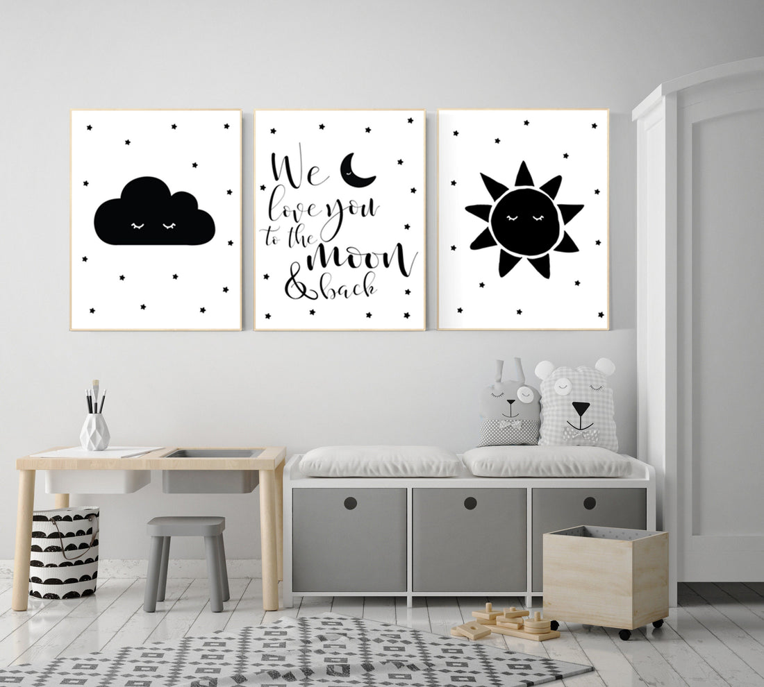 Black white nursery, gender neutral, Moon Cloud Stars sun, Cloud and Star Nursery, black and white nursery, we love you to the moon and back