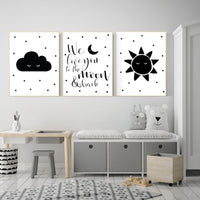 Black white nursery, gender neutral, Moon Cloud Stars sun, Cloud and Star Nursery, black and white nursery, we love you to the moon and back