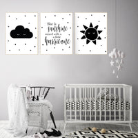 Nursery wall art black and white, nursery decor neutral, baby room decor gender neutral, cloud and sun, black white nursery wall decor