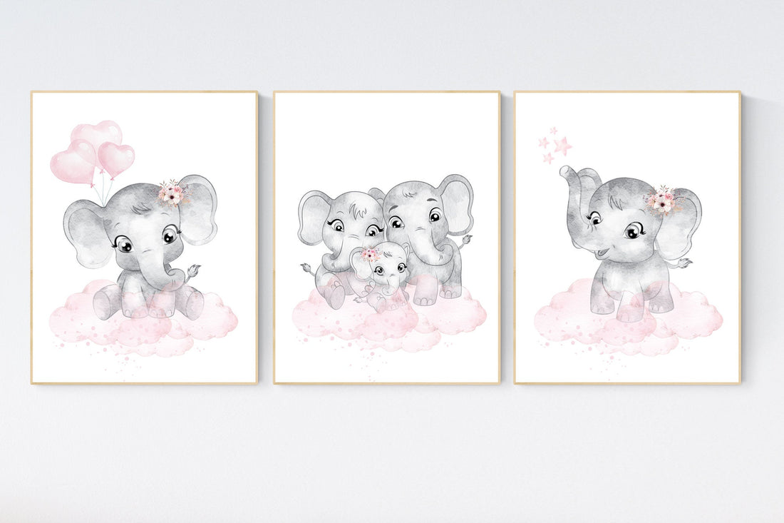 Nursery decor girl pink and gray, Elephant nursery wall art, girl nursery ideas, pink grey nursery wall decor, nursery prints girl