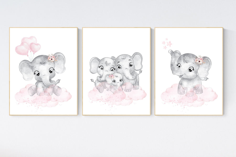 Nursery decor girl pink and gray, Elephant nursery wall art, girl nursery ideas, pink grey nursery wall decor, nursery prints girl