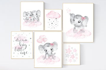 Nursery wall art girl pink and gray, elephant nursery decor, nursery decor girl pink, moon and stars, girl nursery wall art, elephant prints