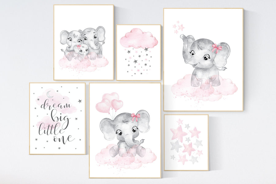 Nursery wall art girl pink and gray, elephant nursery decor, nursery decor girl pink, moon and stars, girl nursery wall art, elephant prints
