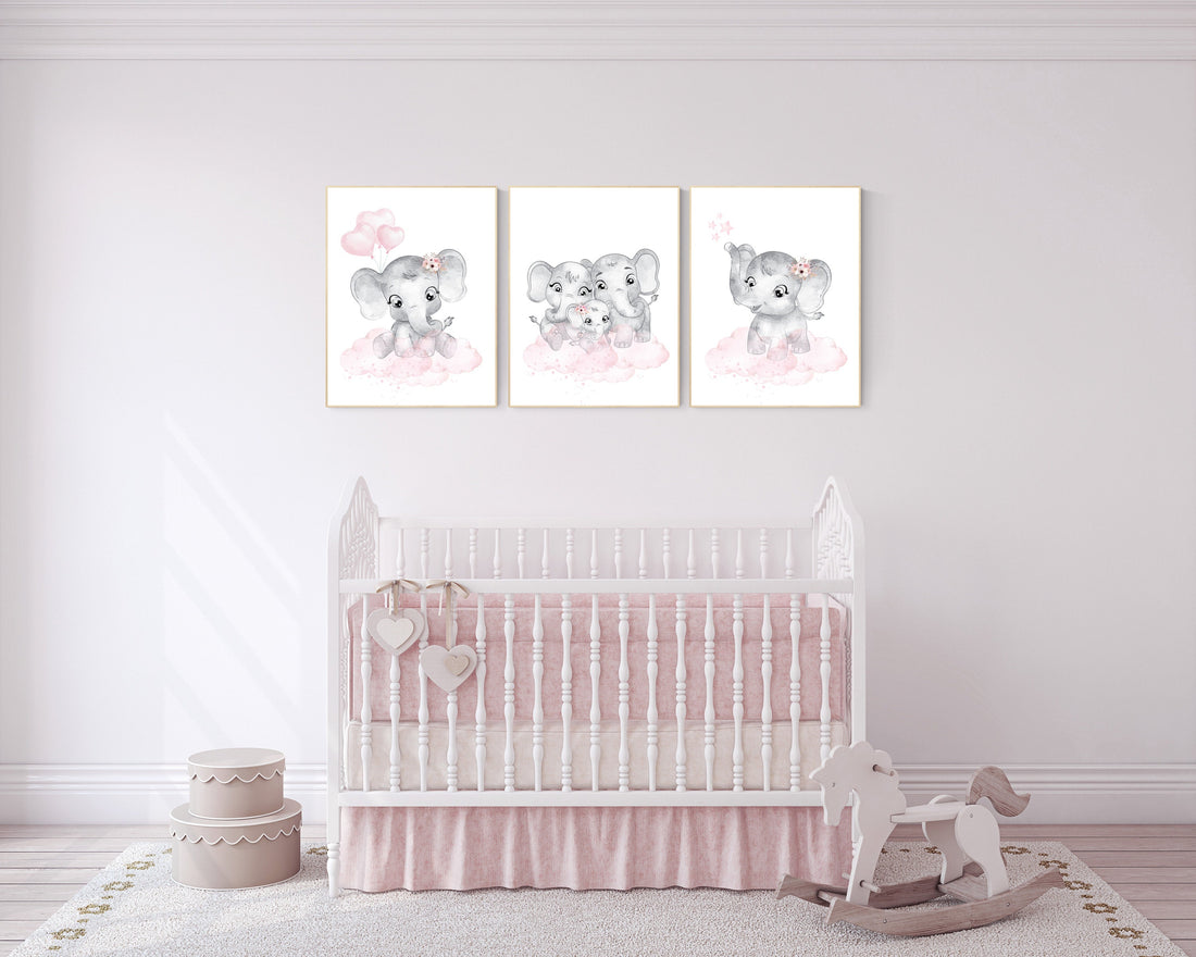 Nursery decor girl pink and gray, Elephant nursery wall art, girl nursery ideas, pink grey nursery wall decor, nursery prints girl