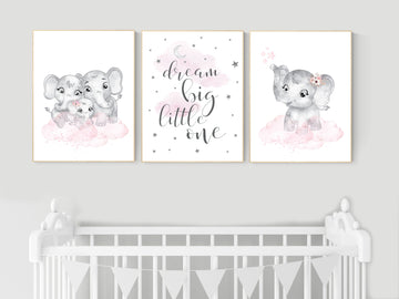 Elephant nursery, nursery wall art girl pink and gray, nursery decor girl, dream big little one, pink nursery, animal prints, girl nursery