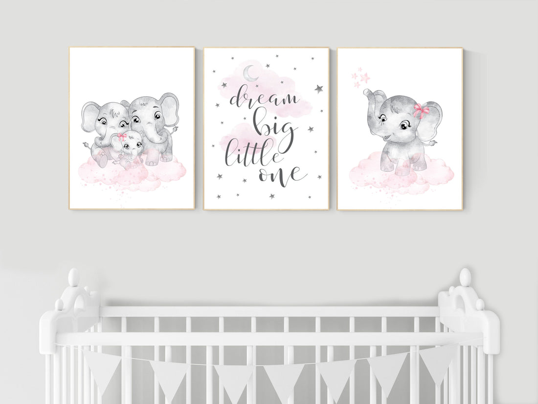 Elephant nursery, nursery wall art girl pink and gray, nursery decor girl, dream big little one, pink nursery, animal prints, girl nursery