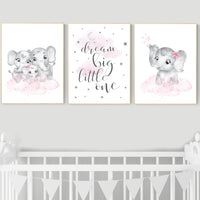 Elephant nursery, nursery wall art girl pink and gray, nursery decor girl, dream big little one, pink nursery, animal prints, girl nursery