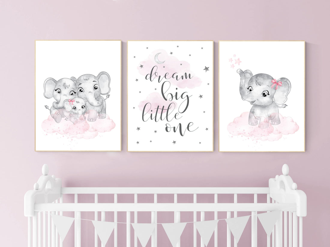 Elephant nursery, nursery wall art girl pink and gray, nursery decor girl, dream big little one, pink nursery, animal prints, girl nursery