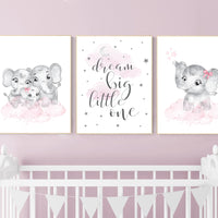 Elephant nursery, nursery wall art girl pink and gray, nursery decor girl, dream big little one, pink nursery, animal prints, girl nursery