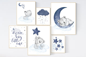 Nursery decor bear, nursery wall art boy, navy blue grey, navy nursery, cloud and stars nursery, bear nursery art, moon nursery art